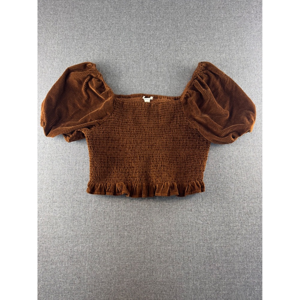 American Eagle Brown Corduroy Smocked Puff Sleeve Crop Top XL Square Neck Ruffle